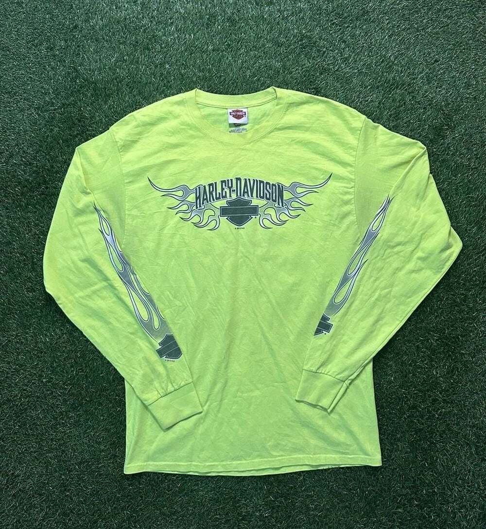 Vintage 2002 Harley-Davidson Conrad's Joliet Illinois Neon Green Long Sleeve Gra